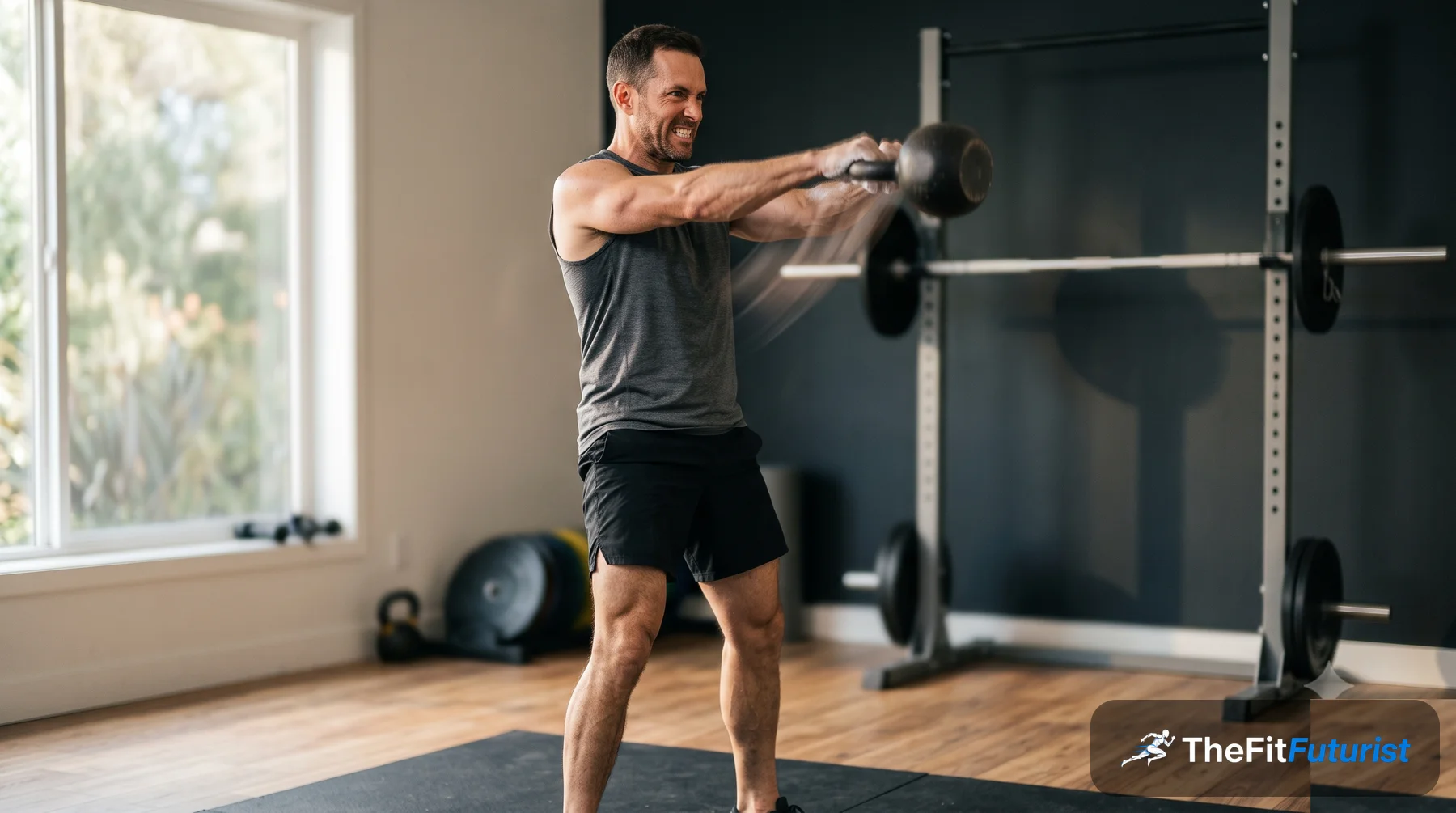 Athletic man in his late thirties at the top of an explosive kettlebell swing, illustrating power training under the new ACSM strength guidelines