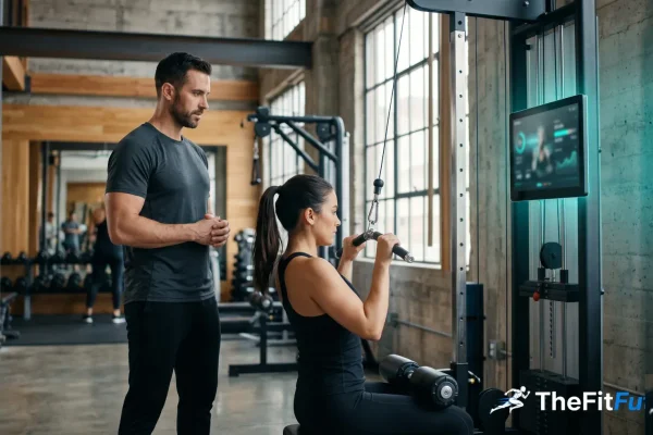 Trainer observing a member at an AI-enabled smart strength machine in a modern gym, screen showing a workout interface