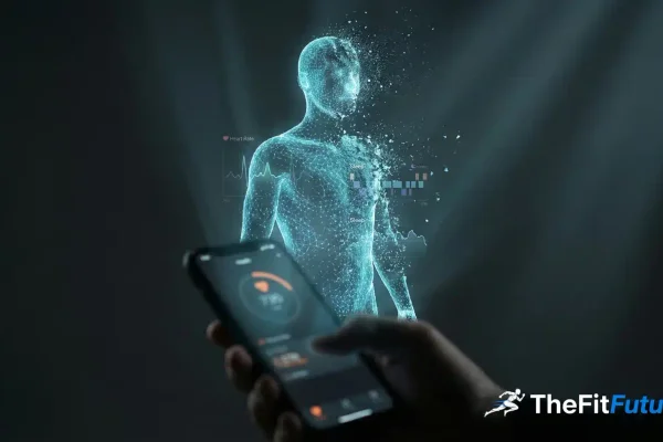 uflösendes Hologramm eines KI-Gesundheitscoaches neben einem Smartphone mit Health-App – symbolisiert Apples zurückgefahrenes Projekt Mulberry