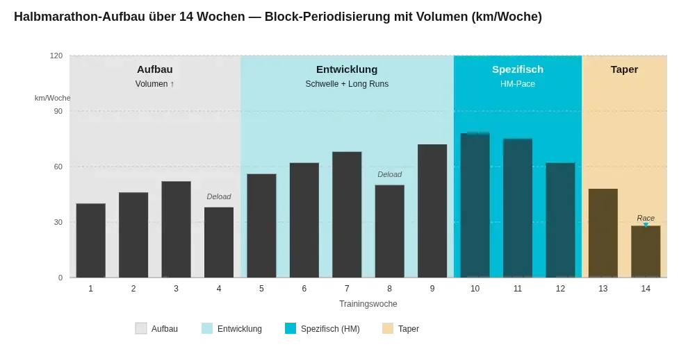 Liniendiagramm der Halbmarathon-Periodisierung über 14 Wochen mit Wochenvolumen und Long-Run-Progression