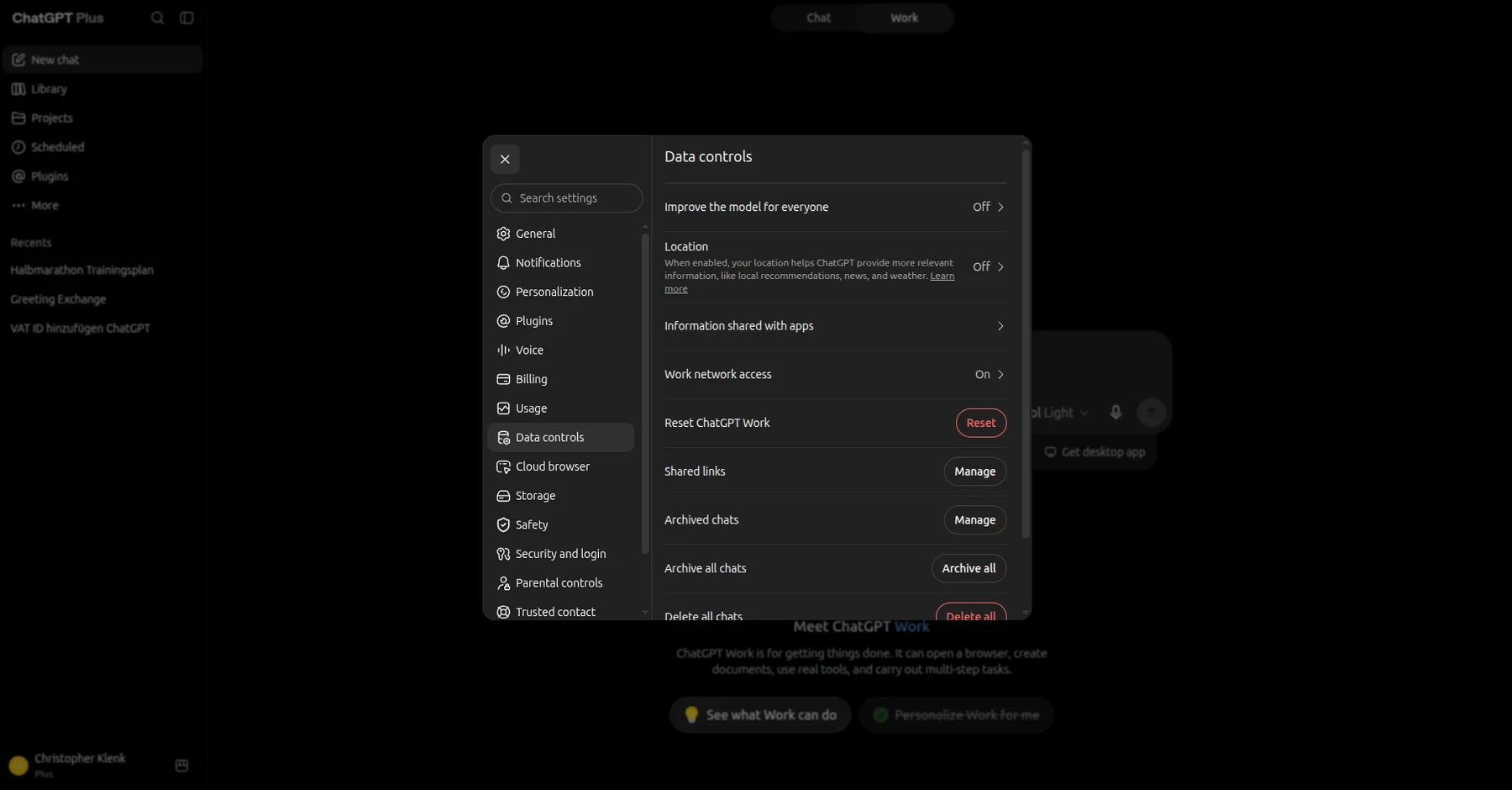 ChatGPT data controls with the switch "Improve the model for everyone" turned off