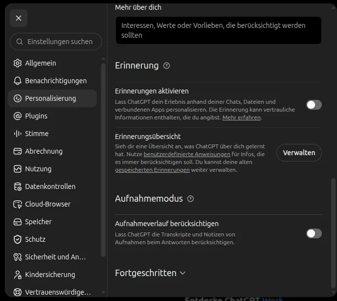 ChatGPT-Personalisierung mit ausgeschaltetem Schalter "Erinnerungen aktivieren" und der Erinnerungsübersicht