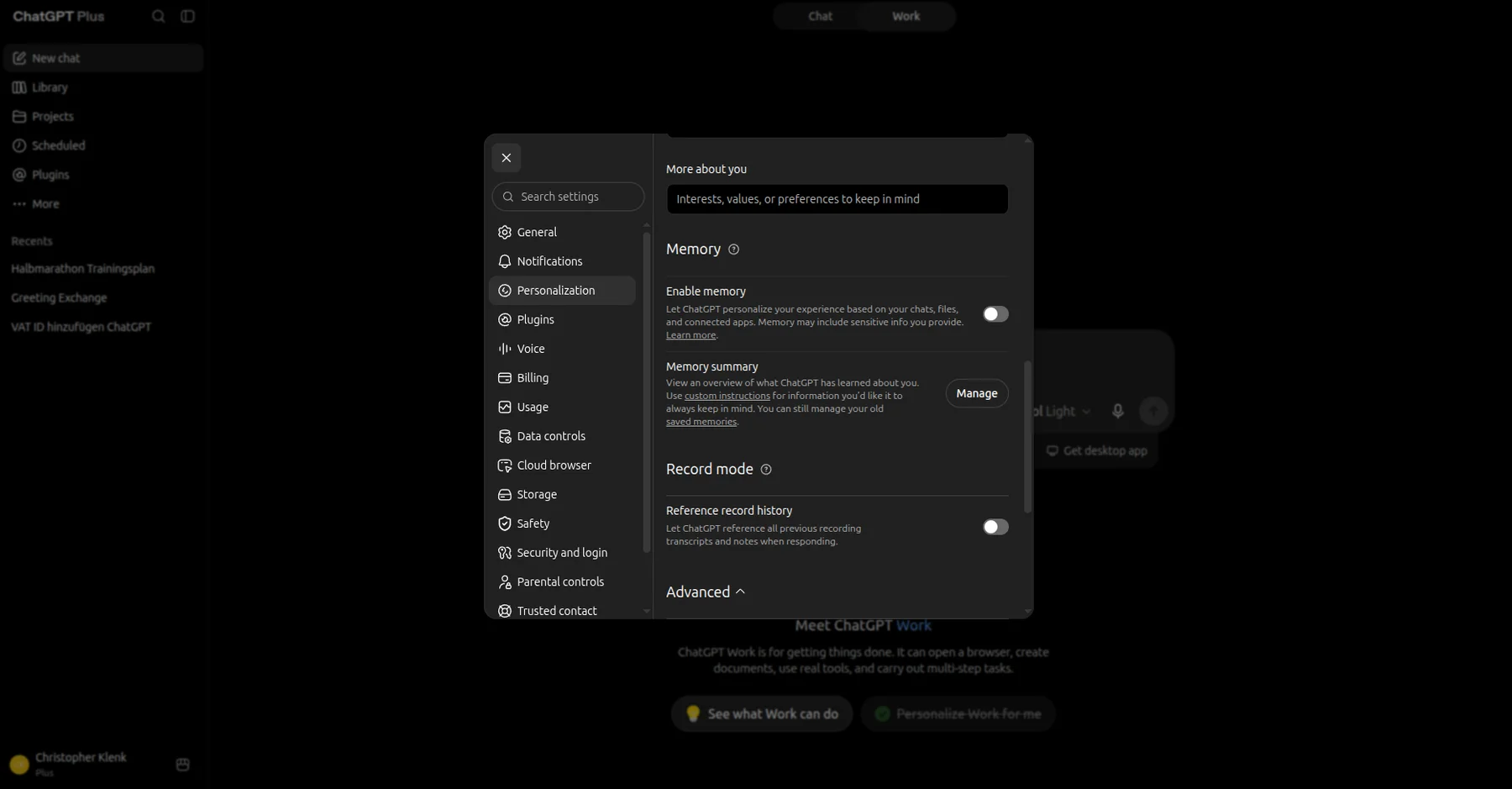 ChatGPT personalisation with the "Enable memory" switch turned off and the memory overview next to it