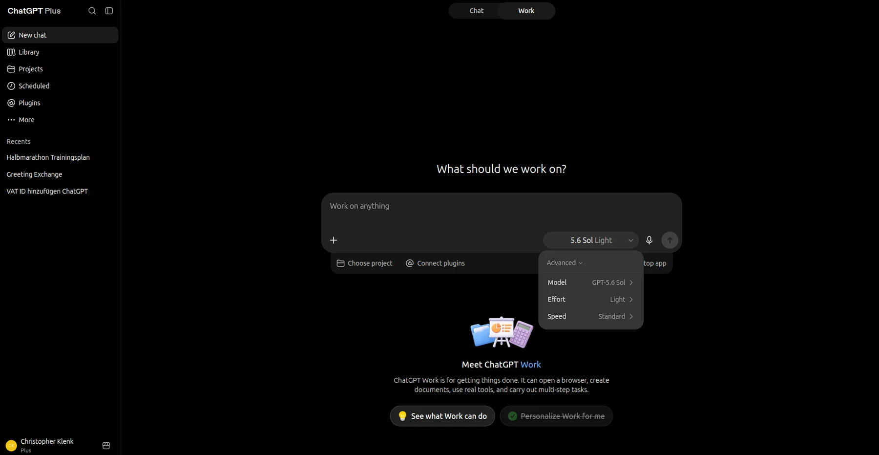 ChatGPT's "Advanced" menu in the input field with the three entries model, effort and speed