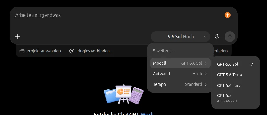 ChatGPT-Modellmenü mit GPT-5.6 Sol, Terra und Luna sowie den Reglern Aufwand und Tempo