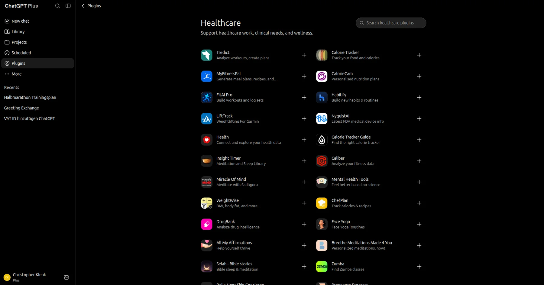 The healthcare plugin category in ChatGPT with calorie trackers and fitness apps, but no official Garmin or Strava connection