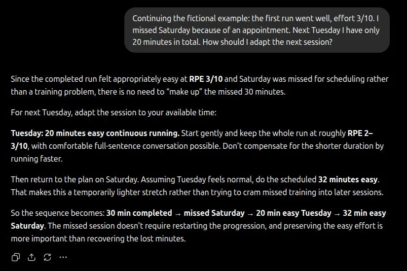 ChatGPT adapts the plan after feedback: the missed session is not made up, the next run is capped at 20 minutes, and the lost minutes are not added to later sessions