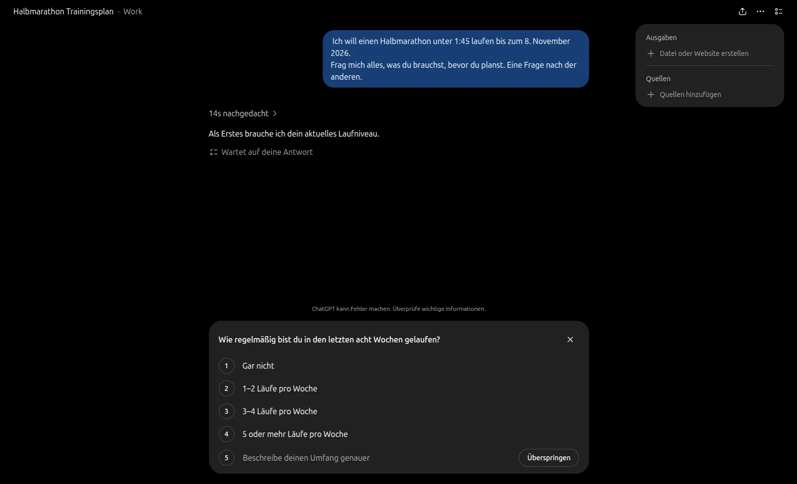 ChatGPT stellt nach dem kurzen Opener die erste Rückfrage zum aktuellen Laufniveau