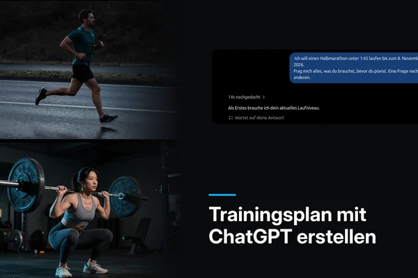 Titelbild "Trainingsplan mit ChatGPT erstellen": links ein Läufer auf nasser Straße und eine Frau bei der Langhantel-Kniebeuge im Studio, rechts der Prompt aus dem Chat und ChatGPTs erste Rückfrage nach dem Laufniveau