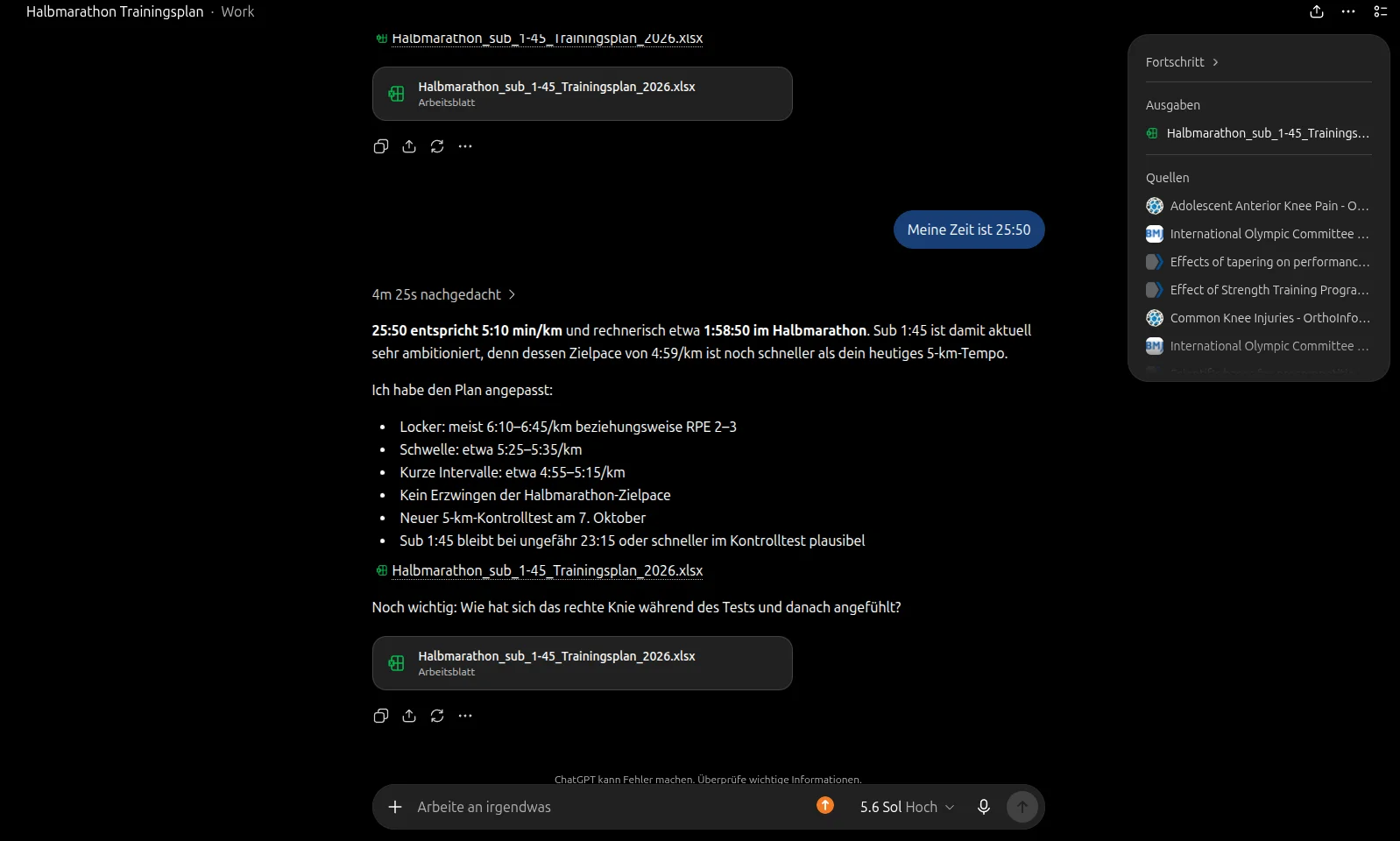 ChatGPT rechnet die 5-km-Testzeit auf eine Halbmarathonprognose hoch und stuft das Wunschziel als zu ambitioniert ein