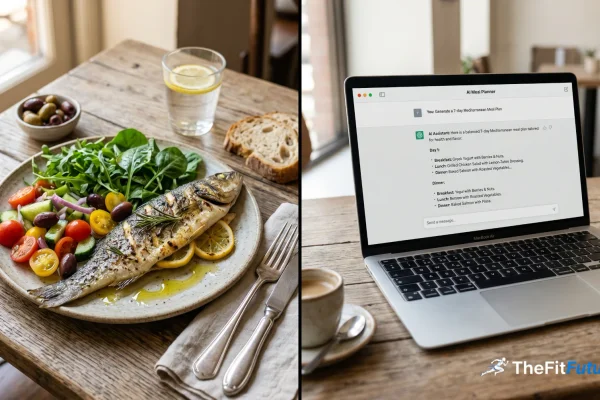 ChatGPT vs. dietitian: a plate of Mediterranean food beside a laptop where an AI builds a meal plan