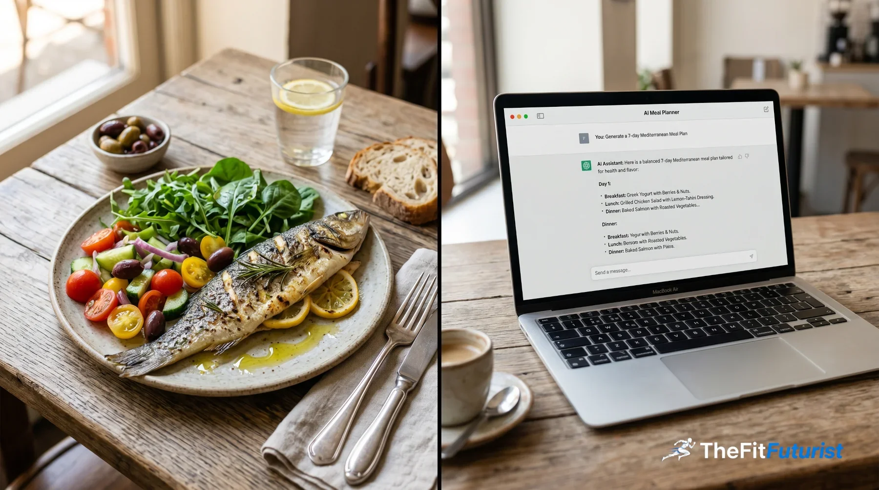 ChatGPT vs. dietitian: a plate of Mediterranean food beside a laptop where an AI builds a meal plan