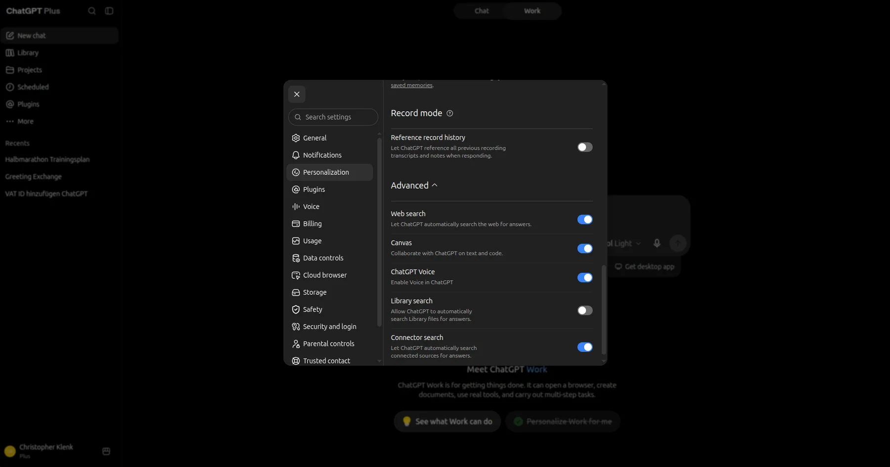 ChatGPT settings under Personalisation with web search switched on in the Advanced section
