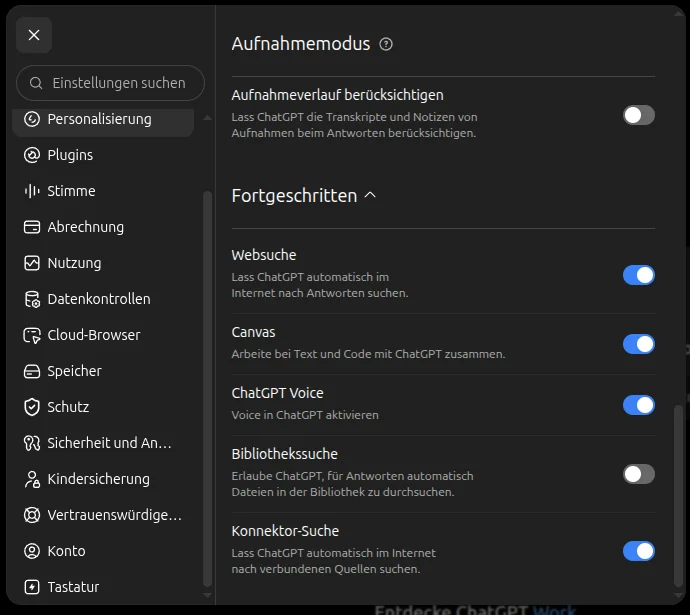 ChatGPT-Einstellungen unter Personalisierung mit eingeschalteter Websuche im Bereich Fortgeschritten