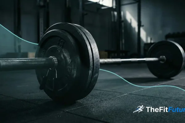 Langhantel auf dem Boden in dunkler Gym-Umgebung mit angedeuteter Velocity-Kurve – Symbolbild für Velocity Based Training beim Kreuzheben