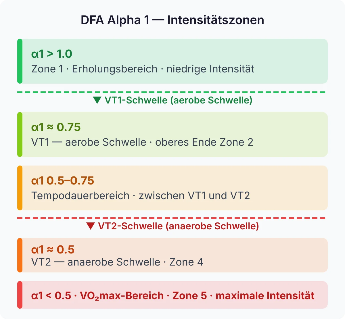 DFA Alpha 1 Intensitätszonen: α1-Wert sinkt mit steigender Belastung — VT1 bei ≈ 0.75, VT2 bei ≈ 0.5