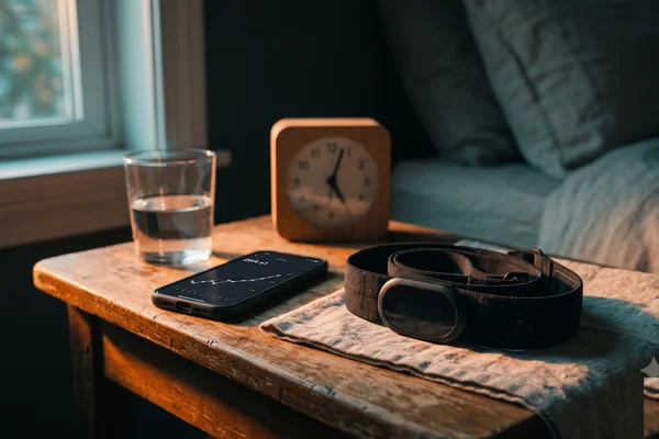 Still life of an ECG chest strap and smartphone on a nightstand in warm morning light, symbolizing DFA alpha 1 recovery measurement