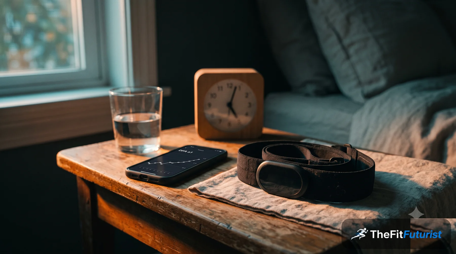 Still life of an ECG chest strap and smartphone on a nightstand in warm morning light, symbolizing DFA alpha 1 recovery measurement