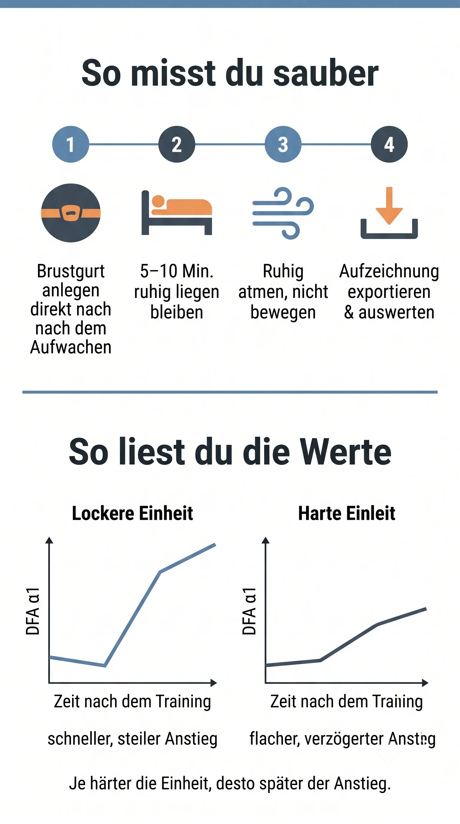 Infografik: DFA-Alpha-1-Messablauf in 4 Schritten und Interpretation der Erholungskurve nach lockerer vs. harter Einheit