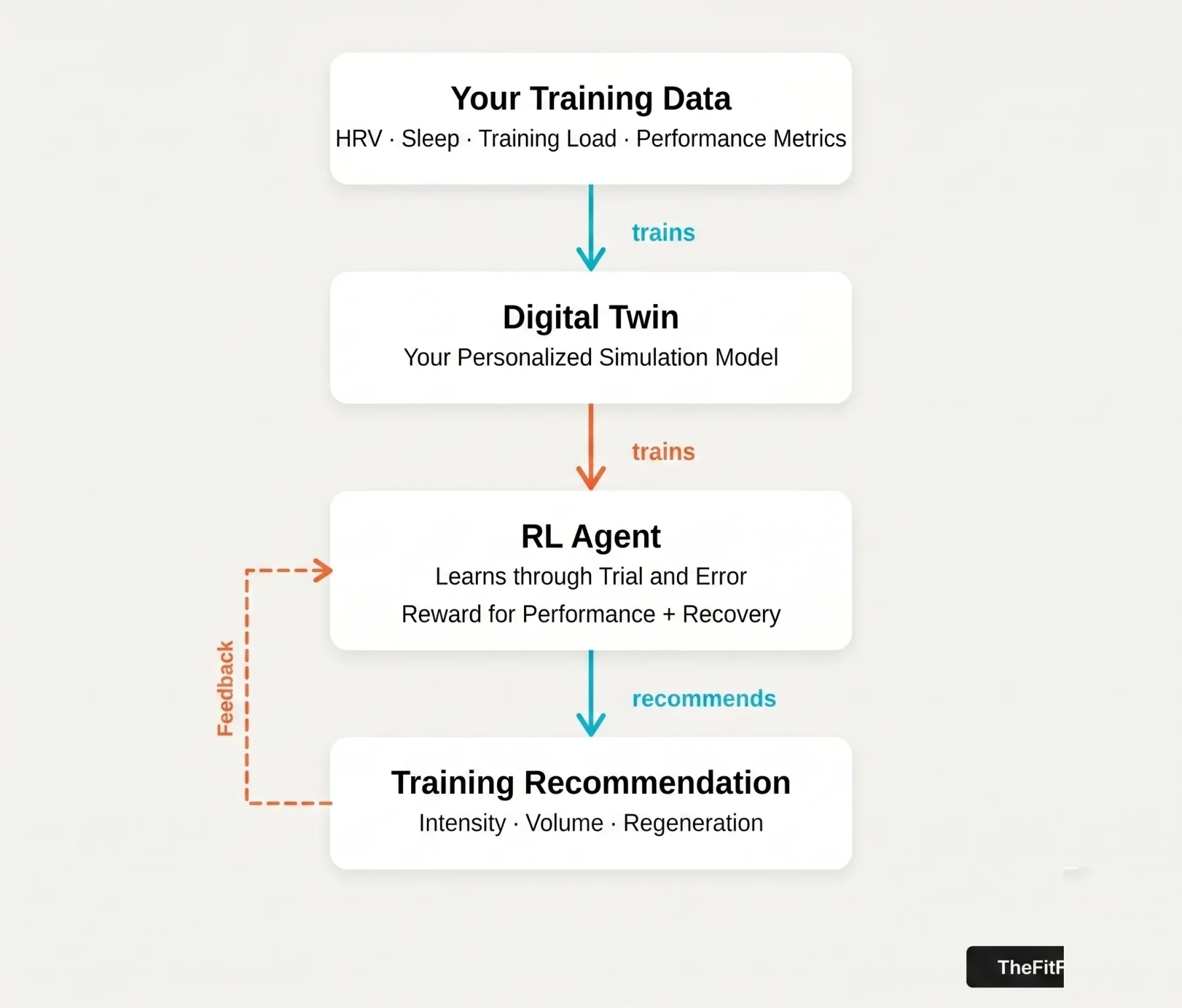 Infographic: how a digital twin in reinforcement learning works for training management — from athlete data via simulation model and RL agent to training recommendation