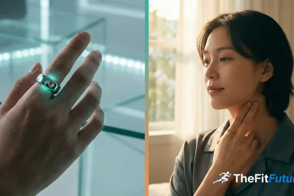 Smart Ring mit PPG-Sensor am Finger neben manueller Ruhepuls-Messung am Hals