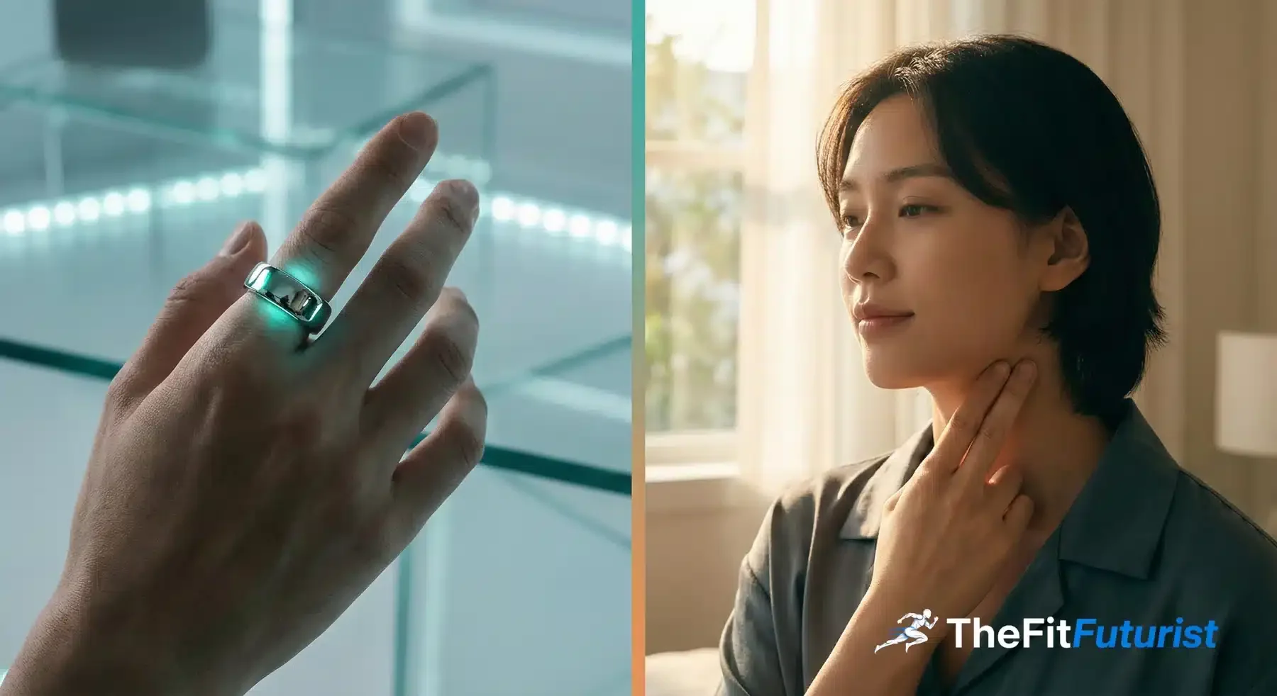 Smart Ring mit PPG-Sensor am Finger neben manueller Ruhepuls-Messung am Hals