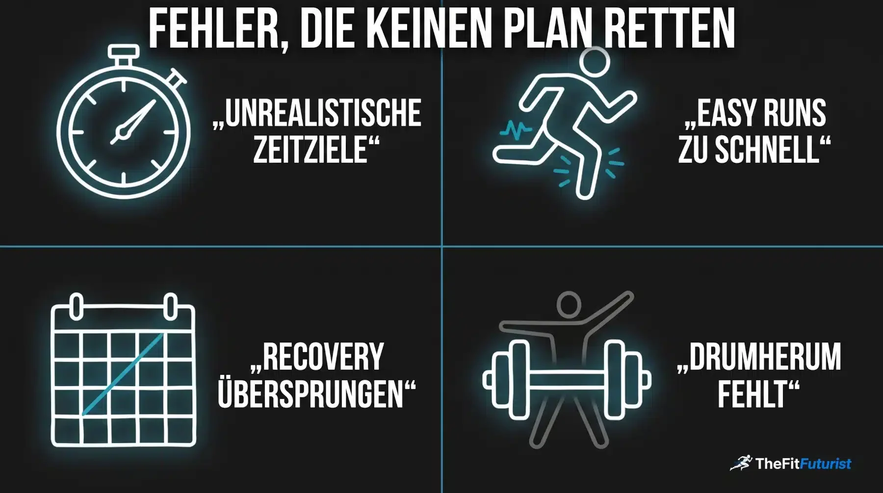 Infografik mit den vier häufigsten Fehlern in Laufplänen: unrealistische Zeitziele, zu schnelle Easy Runs, übersprungene Recovery-Wochen und fehlendes Drumherum-Training