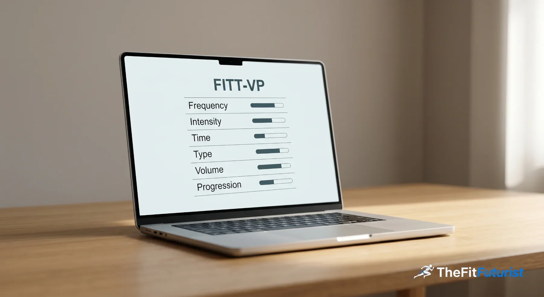 Laptop screen showing an AI-generated training plan next to a FITT-VP scoring rubric with six dimensions