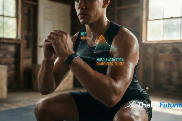 Wearable-Band am Handgelenk an einer Hantel mit holographischen Daten-Overlays für Wiederholungen, Velocity-Kurve und Muskelbelastung