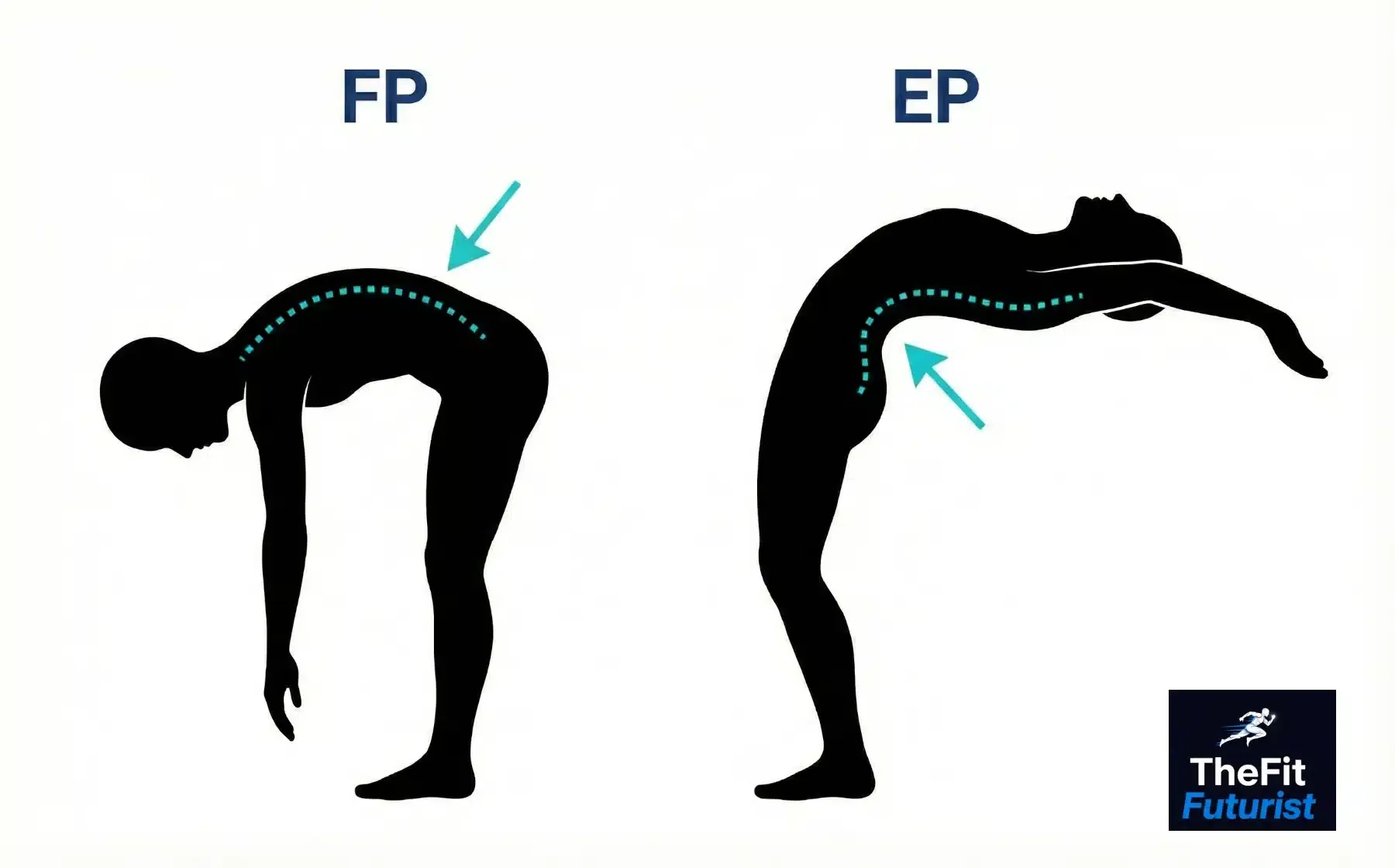 Black-and-white silhouettes of a backward bend with two different movement patterns β flexion pattern on the left, extension pattern on the right