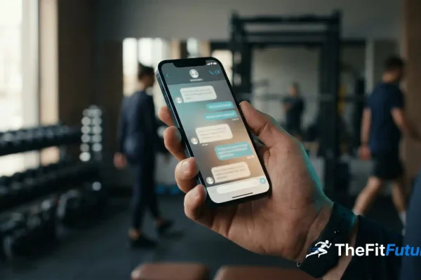 TheFitFuturist Gemini Gem Fitness Coach — Smartphone mit KI-Trainingsplan auf dem Display, Sportler im Hintergrun