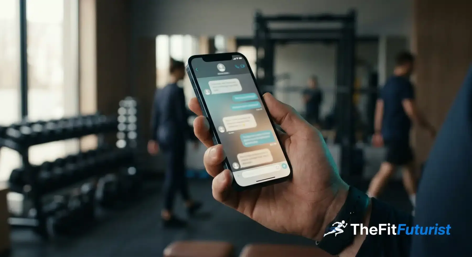TheFitFuturist Gemini Gem Fitness Coach — Smartphone mit KI-Trainingsplan auf dem Display, Sportler im Hintergrun