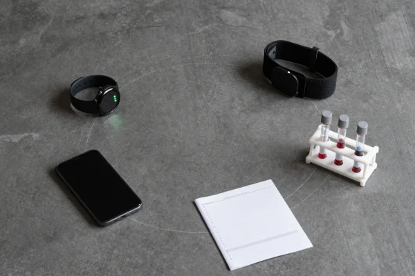  Sportuhr, Pulsarmband, Blutproben, Trainingsplan und Smartphone im Kreis auf Beton