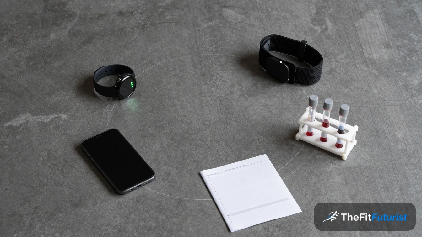 Sportuhr, Pulsarmband, Blutproben, Trainingsplan und Smartphone im Kreis auf Beton