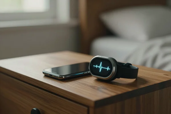 A heart rate sensor with a strap and a smartphone on a nightstand in the morning light, ready for HRV measurement after waking up.