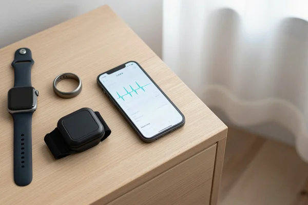 Smartwatch, ring, fitness band and smartphone with a heart rate curve on a bedside table