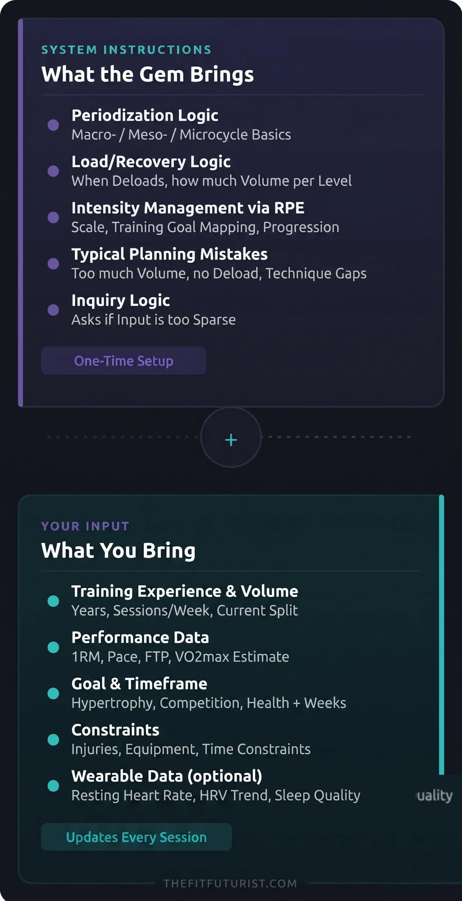 Infographic: what the TheFitFuturist Gemini Gem brings as a system instruction vs. the data you enter as a user