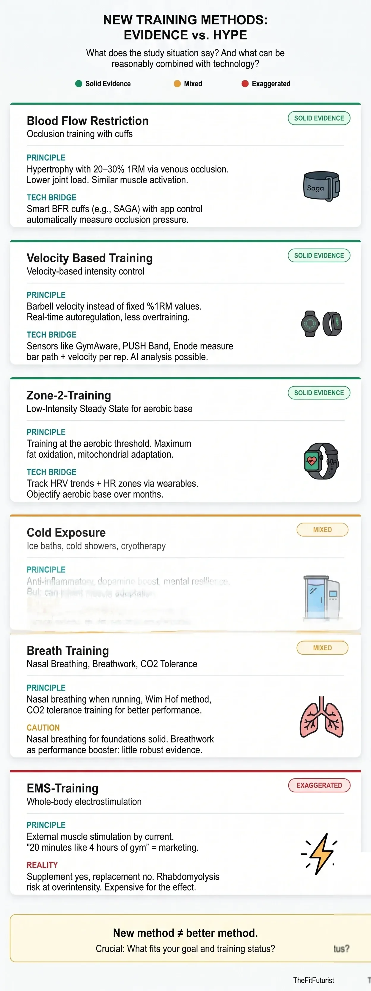 Infographic: six new training methods rated by evidence — BFR, VBT and Zone 2 with solid research, cold exposure and breath training mixed, EMS with exaggerated claims