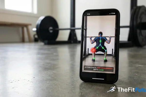 martphone zeigt Echtzeit-Skelett-Overlay mit farbcodierten Gelenkwinkel-Indikatoren während einer Squat-Übung