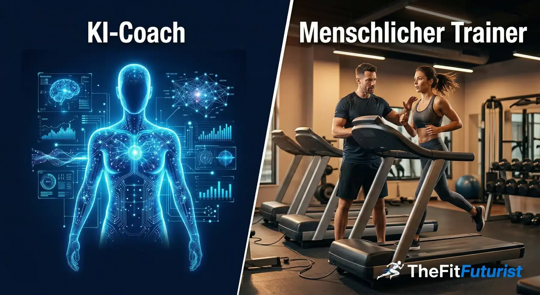 KI-Coach und menschlicher Trainer im direkten Vergleich — Split-Image Hero für TheFitFuturist