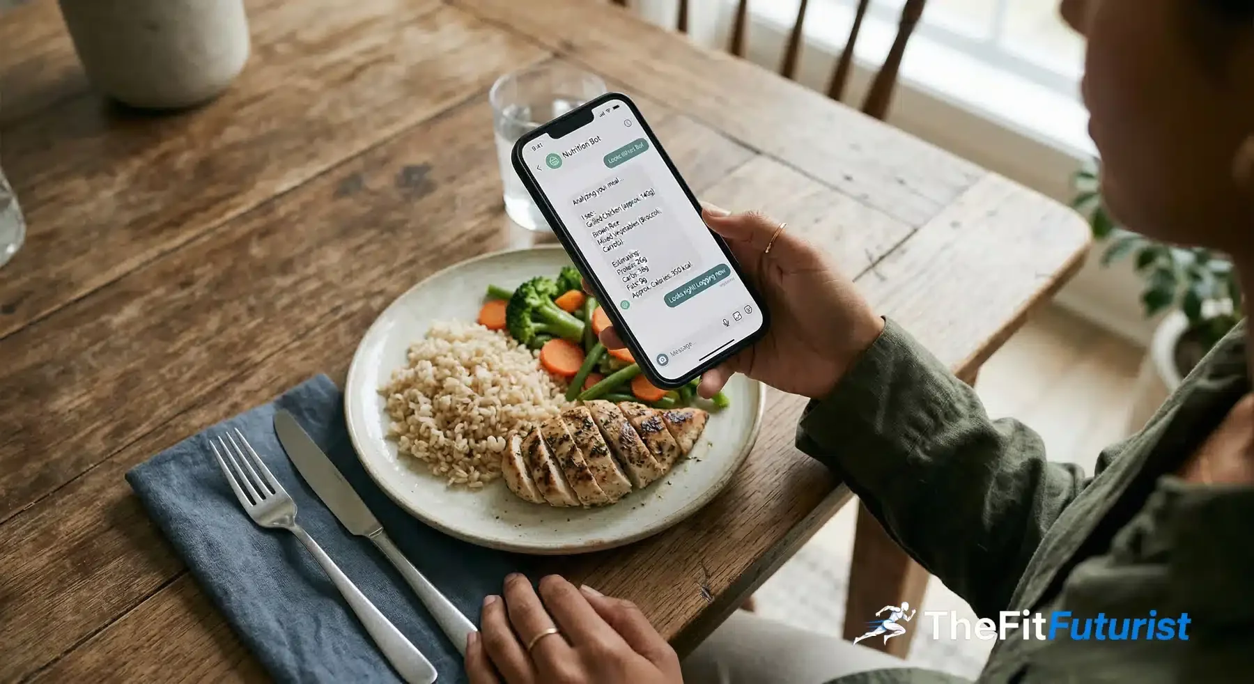 Person taking a smartphone photo of a plate of food to have AI estimate calories and macros