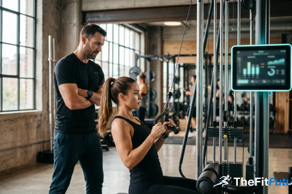 Trainer beobachtet Mitglied an einer smarten Krafttrainings-Maschine im Fitnessstudio mit KI-Display