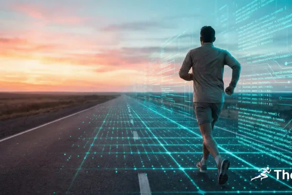 Marathonläufer auf Straße bei Sonnenaufgang mit digitalem Daten-Overlay