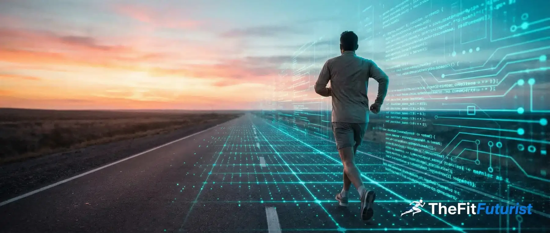 Marathonläufer auf Straße bei Sonnenaufgang mit digitalem Daten-Overlay