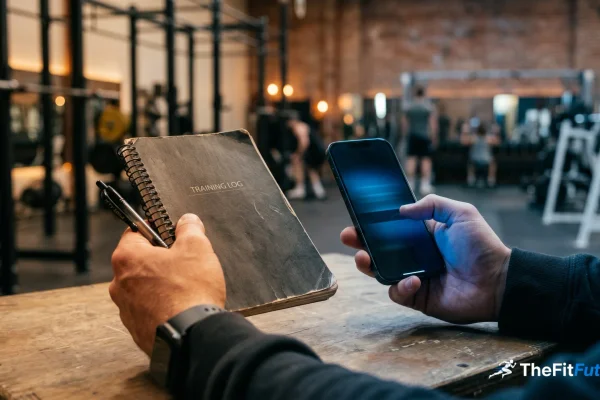 Hand holding smartphone next to training log with pen – using AI in training with critical judgment