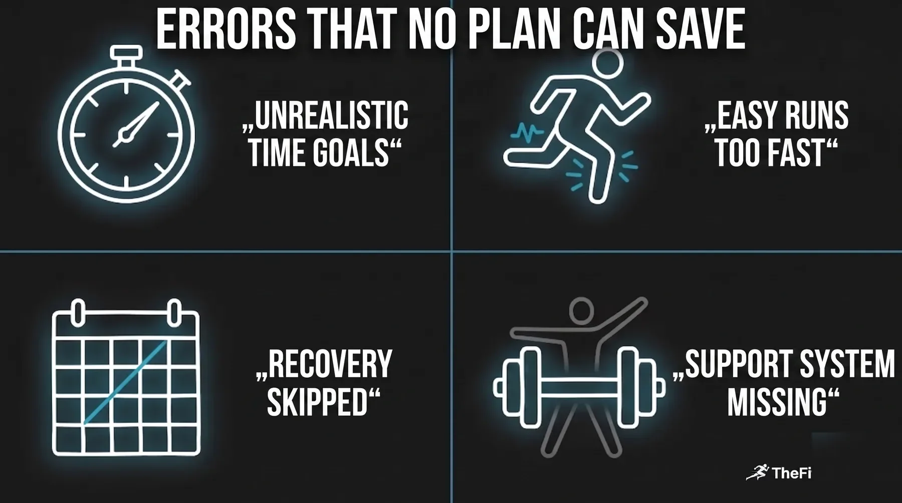 Infographic showing the four most common mistakes in running plans: unrealistic time goals, easy runs that are too fast, skipped recovery weeks and missing surrounding training