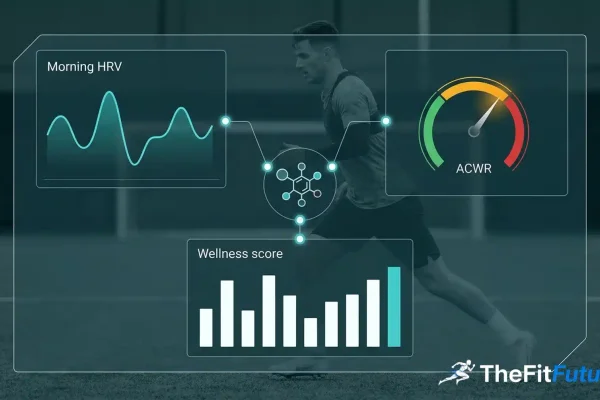 Drei Datenquellen – GPS, HRV-Monitor und Wellness-Fragebogen – fließen in ein XGBoost-Modell zur Ermüdungsvorhersage im Fußball