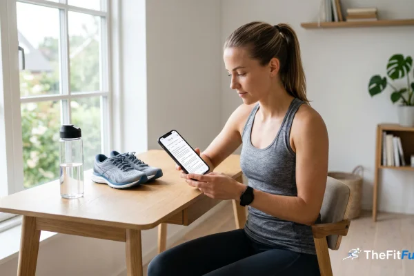 Athlete at desk with smartphone showing AI search results for training questions
