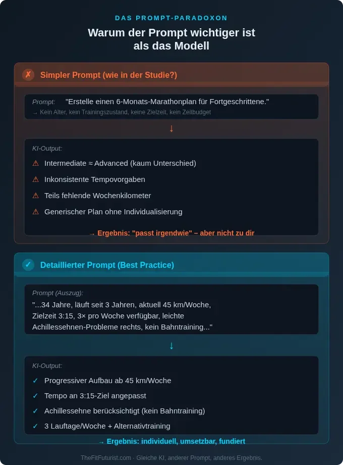 Infografik: Simpler Prompt vs. detaillierter Prompt für KI-Marathonplan