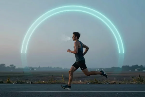 Runner at dawn on an empty road, with an incomplete glowing arc   overhead representing a readiness score